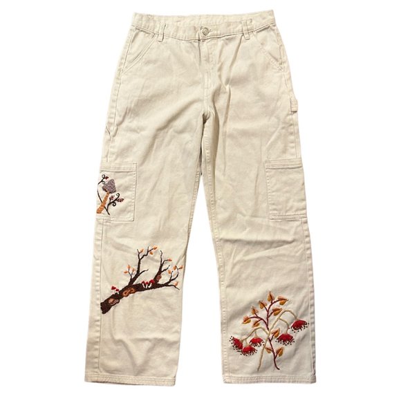 Hand embroidered mushroom white denim cargo pants - Picture 1 of 6